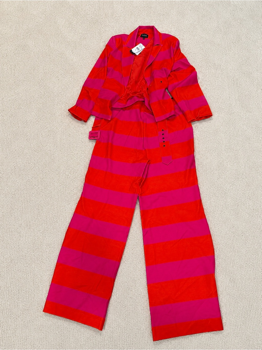 Isaac Mizrahi pink and orange striped ponte suit set